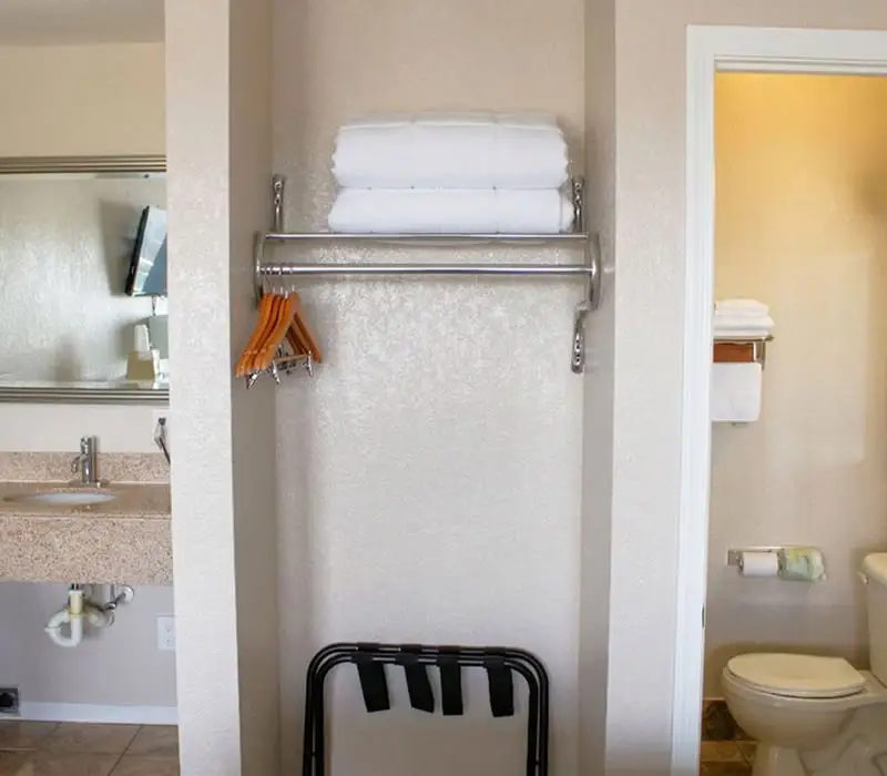A hotel room with a vanity sink on the left, a luggage rack and hangers in the middle, and a toilet on the right