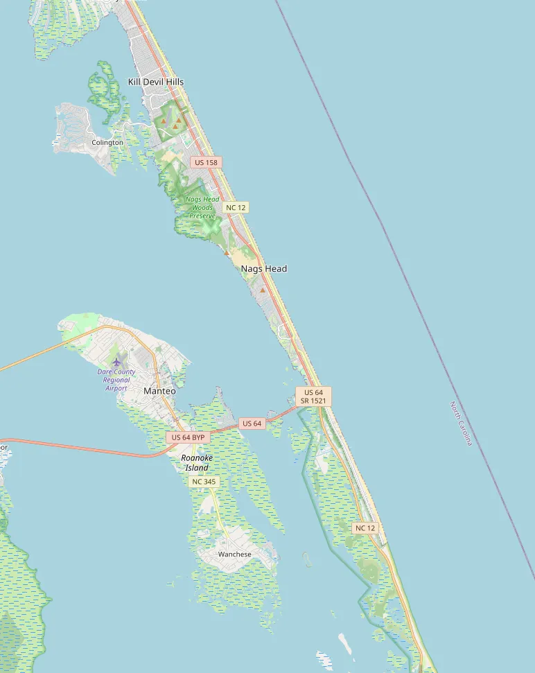 Map of the hotel and selected nearby places: Seahorse Inn & Cottages; Wright Brothers National Memorial, Jockey’s Ridge State Park, Jennette’s Pier, Bodie Island Lighthouse