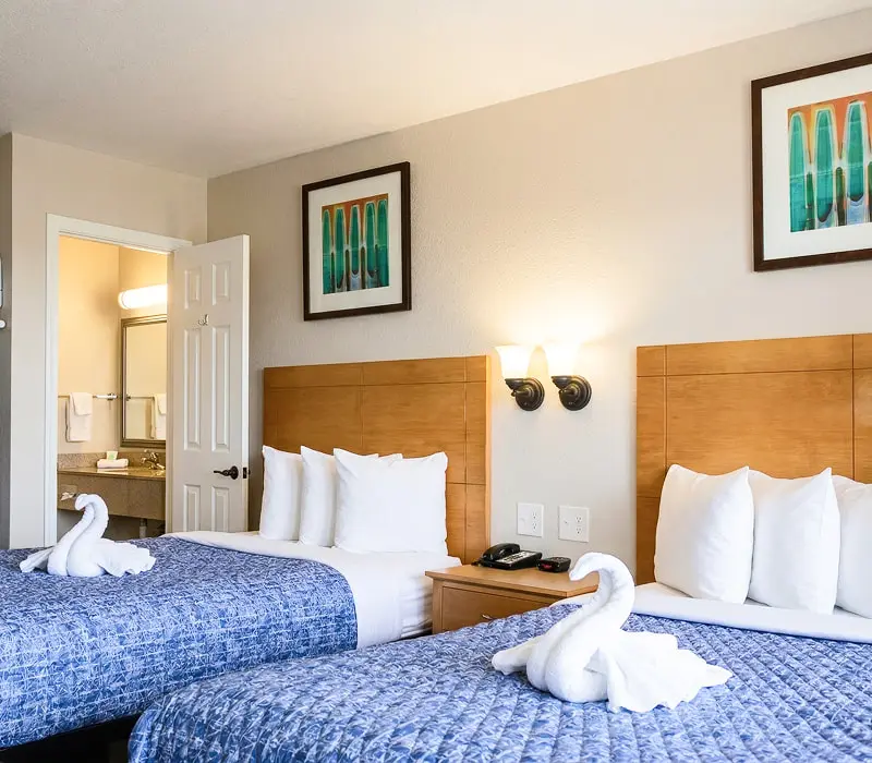 Two double beds with a folded-towel swan display in a Standard Room at Seahorse Inn & Cottages